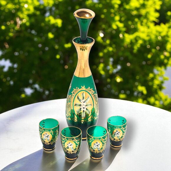 Vintage Murano Green Gold Glass Decanter Set w 4 Glasses & Stopper Italy Barware - Picture 1 of 14